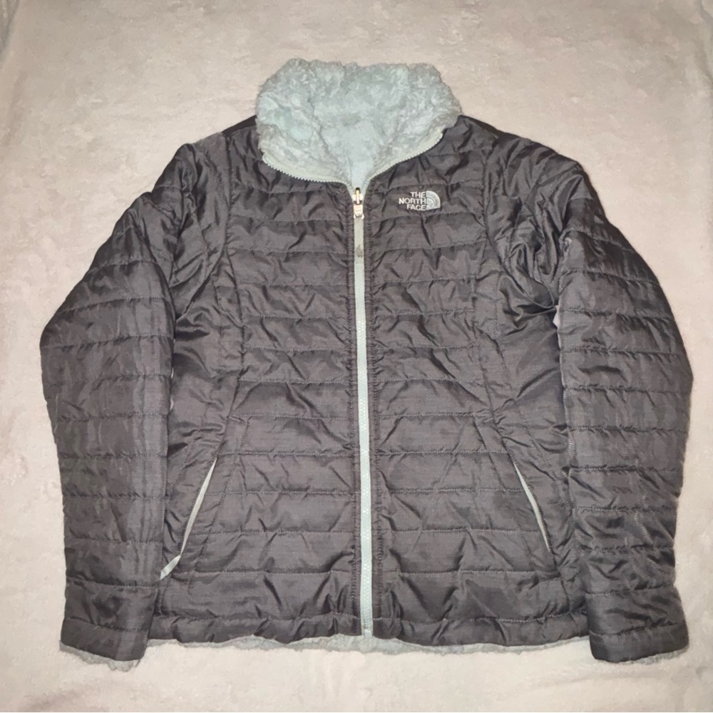 The North Face Charcoal and light teal puffy Jacket, Large 14/16